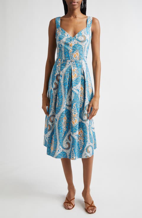 Paisley Print Pleated Fit & Flare Cotton Poplin Midi Dress