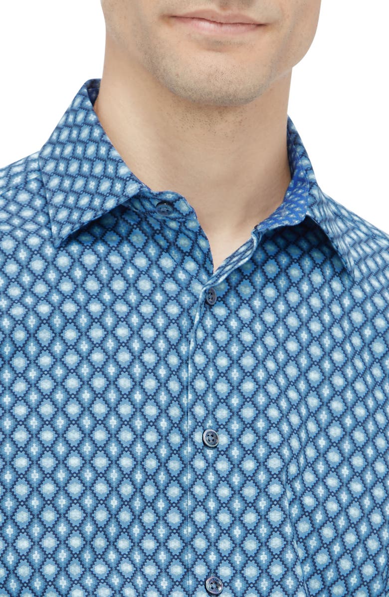 Bugatchi Jimmy OoohCotton<sup>®</sup> Geo Print Button-Up Shirt, Alternate, color, Teal