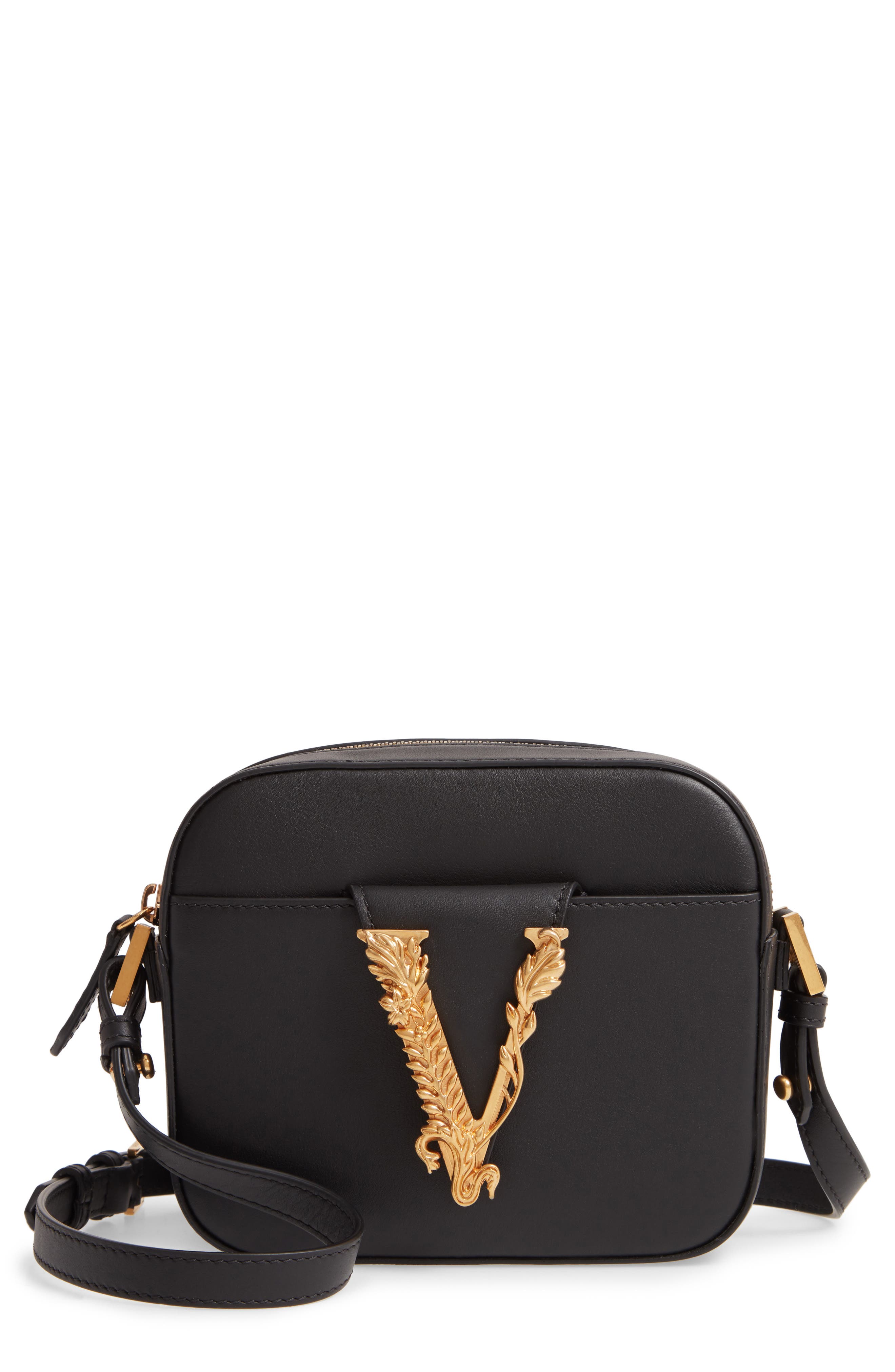 Versace Mini Virtus Leather Shoulder Bag, Main, color, 