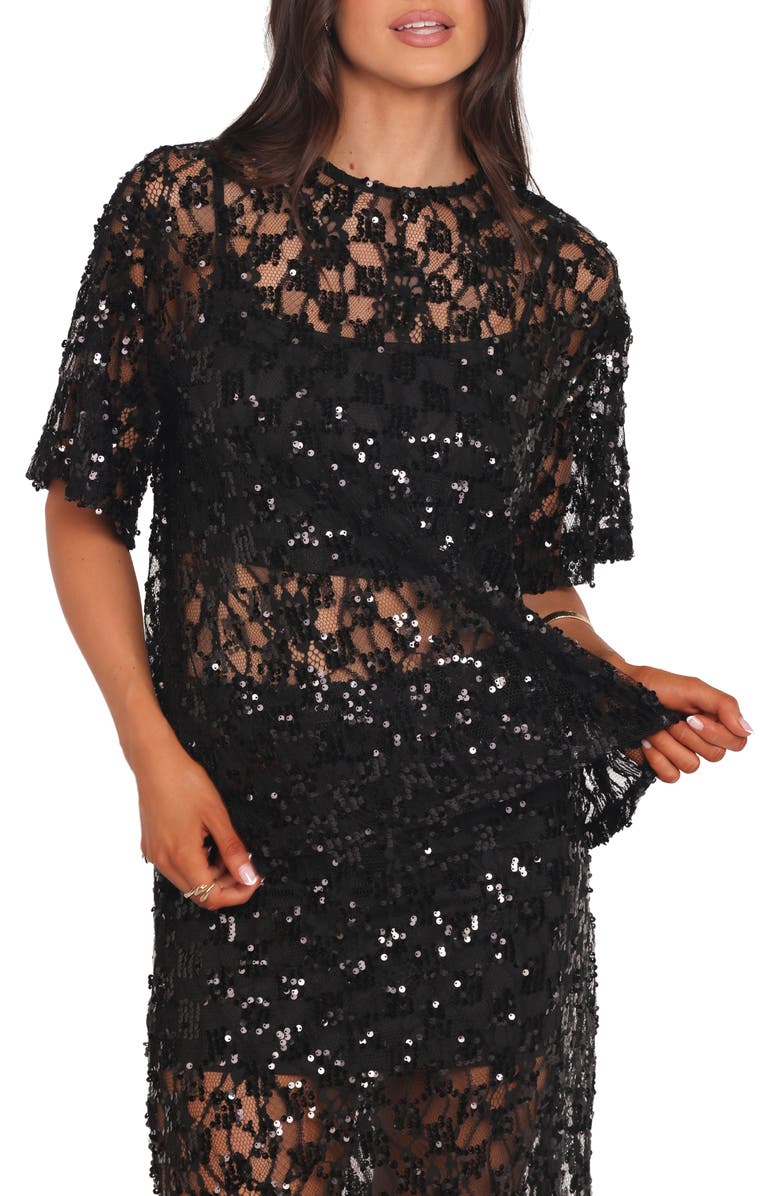 Petal & Pup Yonder Oversize Check Sequin Floral Lace Top, Main, color, Black