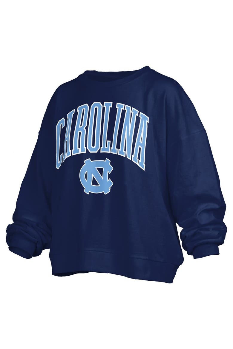 Women's Pressbox Navy North Carolina Tar Heels Janise Arch Over Logo Waist Length Oversized Pullover Sweatshirt, Alternate, color, Navy