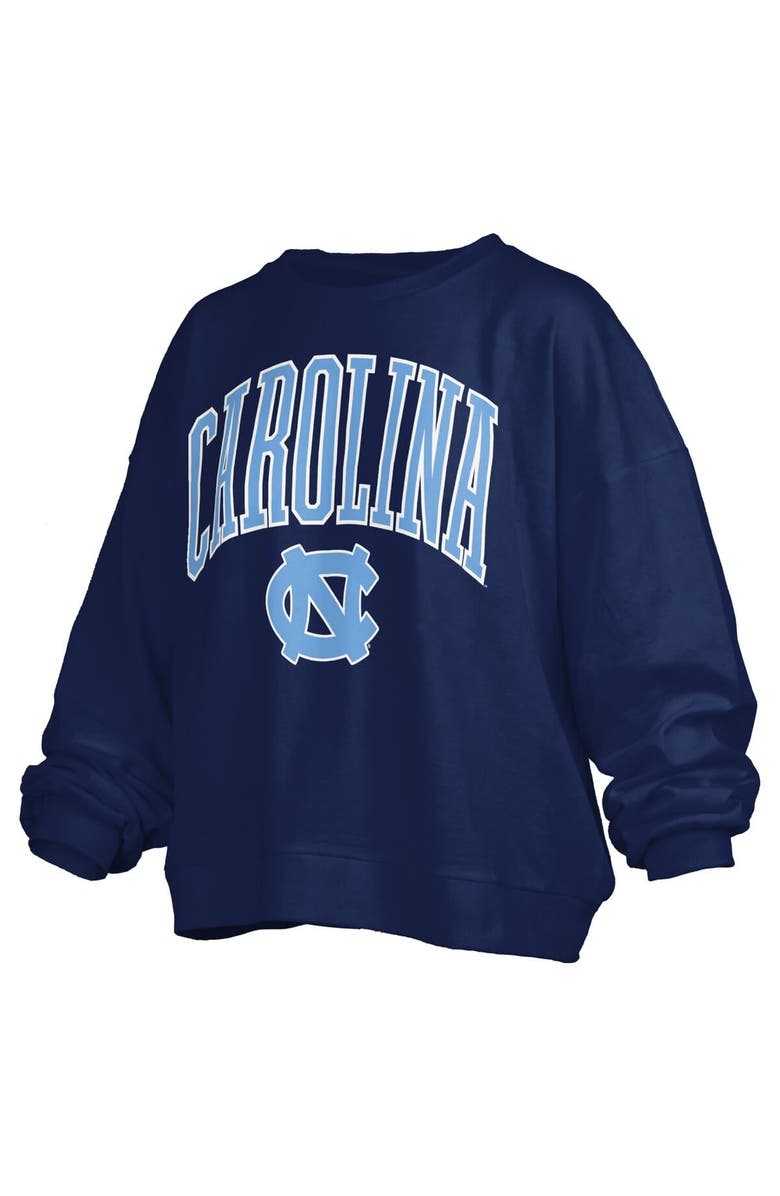 PRESSBOX Women's Pressbox Navy North Carolina Tar Heels Janise Arch Over Logo Waist Length Oversized Pullover Sweatshirt, Alternate, color, Navy