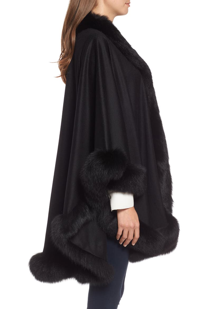 Genuine Fox Fur Trim Cashmere Cape, Alternate, color, BLACK