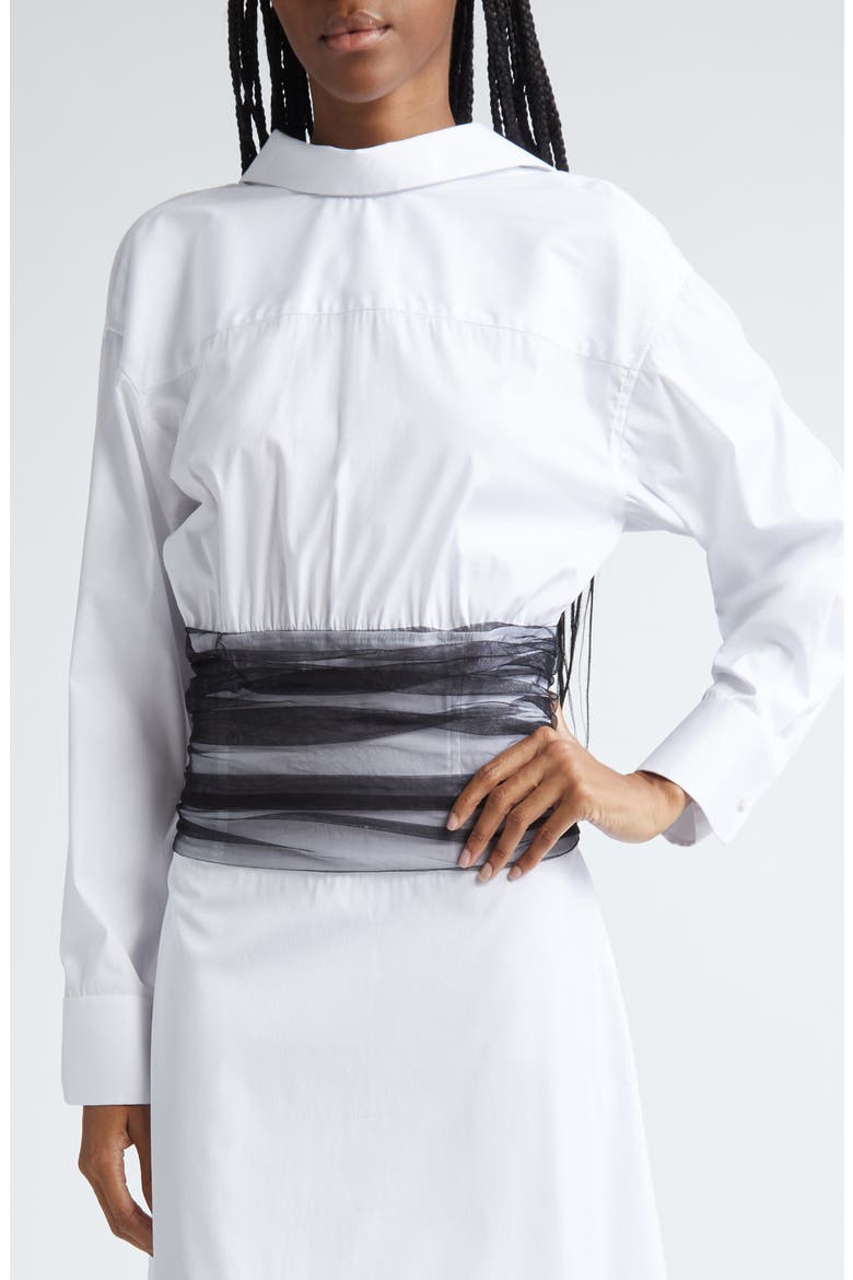 Drew Tulle Waist Long Sleeve Poplin Shirtdress, Alternate, color, WHITE
