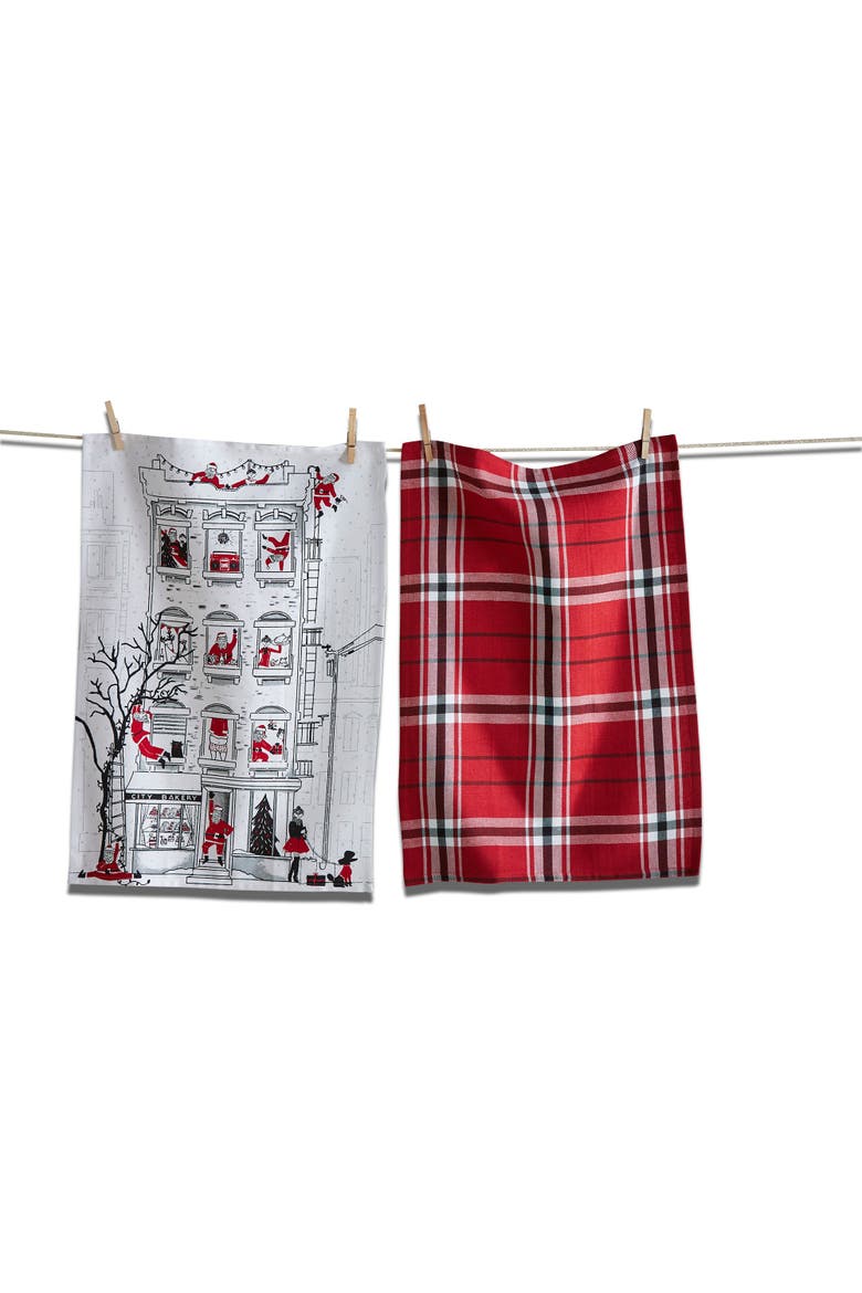 Santa Cityscape Christmas Dishtowel Set of 2 Multicolor Cotton, Main, color, Multicolored
