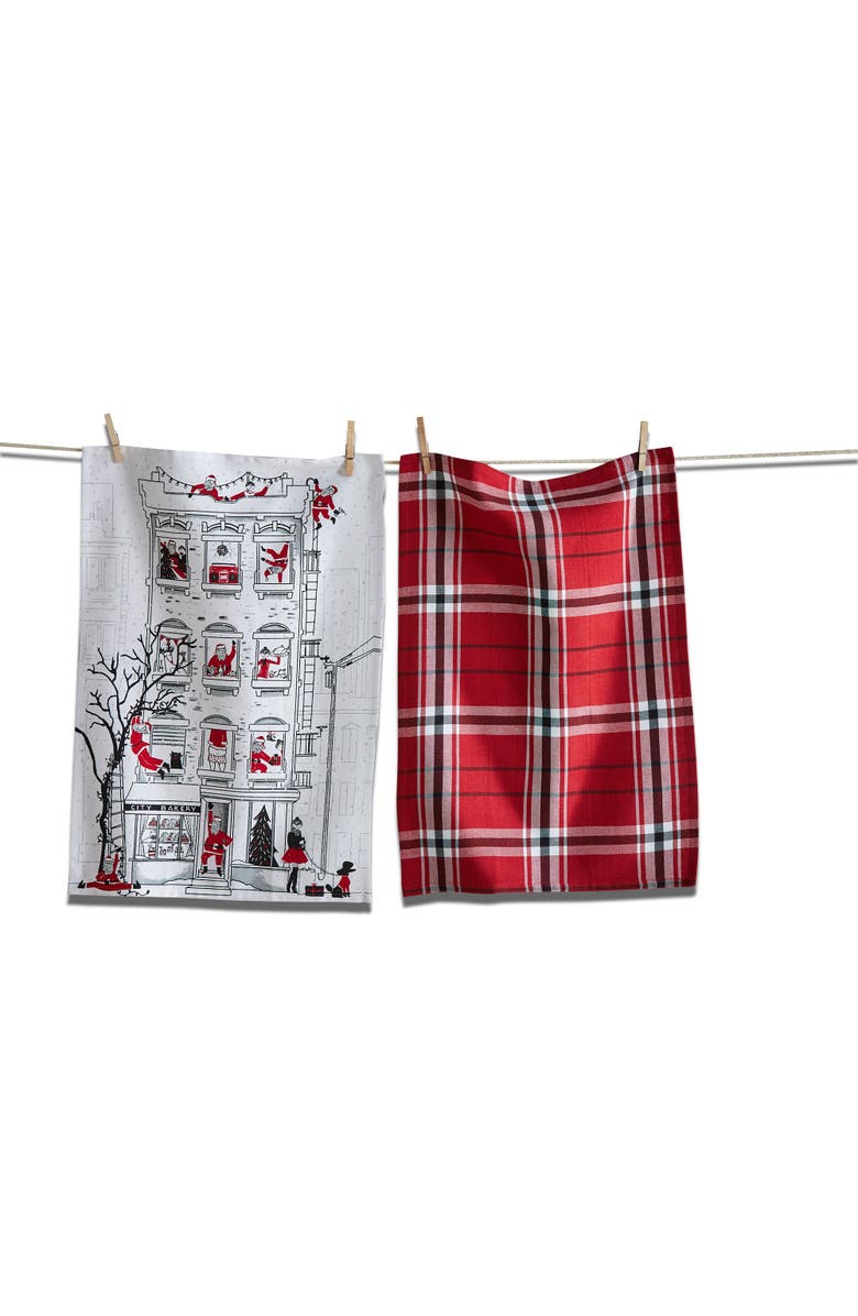 tag Santa Cityscape Christmas Dishtowel Set of 2 Multicolor Cotton, Main, color, Multicolored