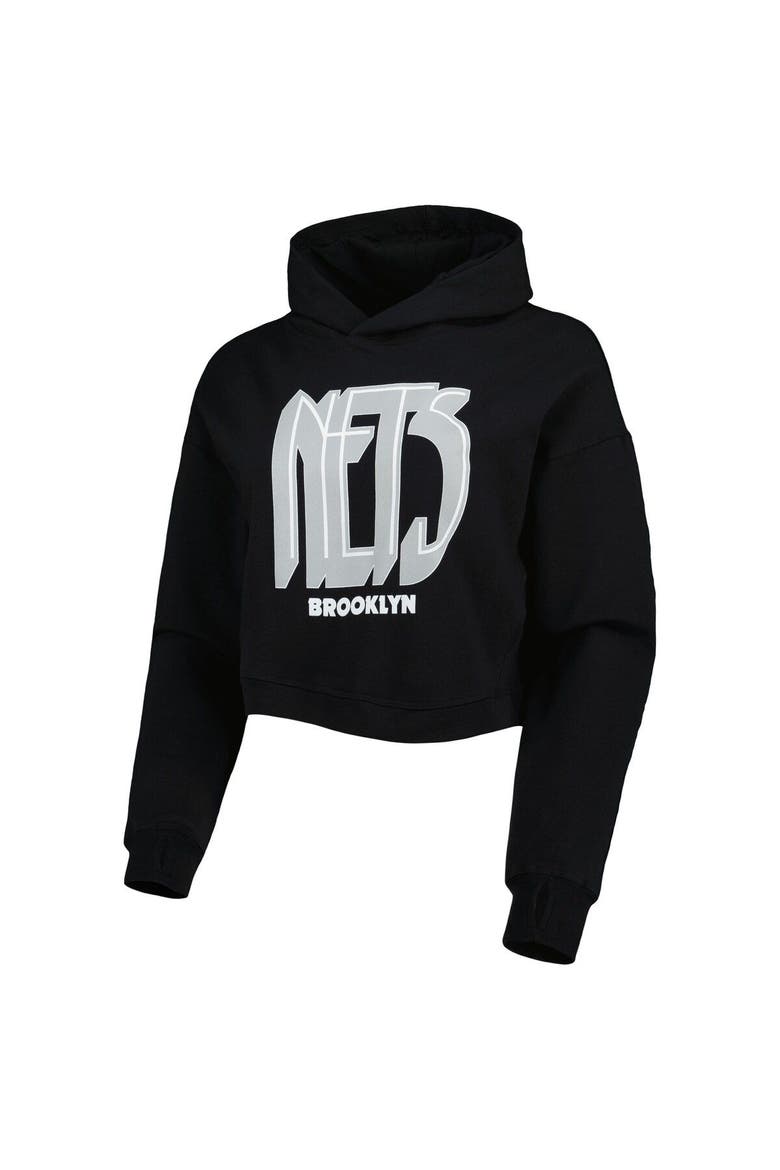 Women's Lusso Black Brooklyn Nets Layla World Tour Cropped Pullover Hoodie, Alternate, color, Black