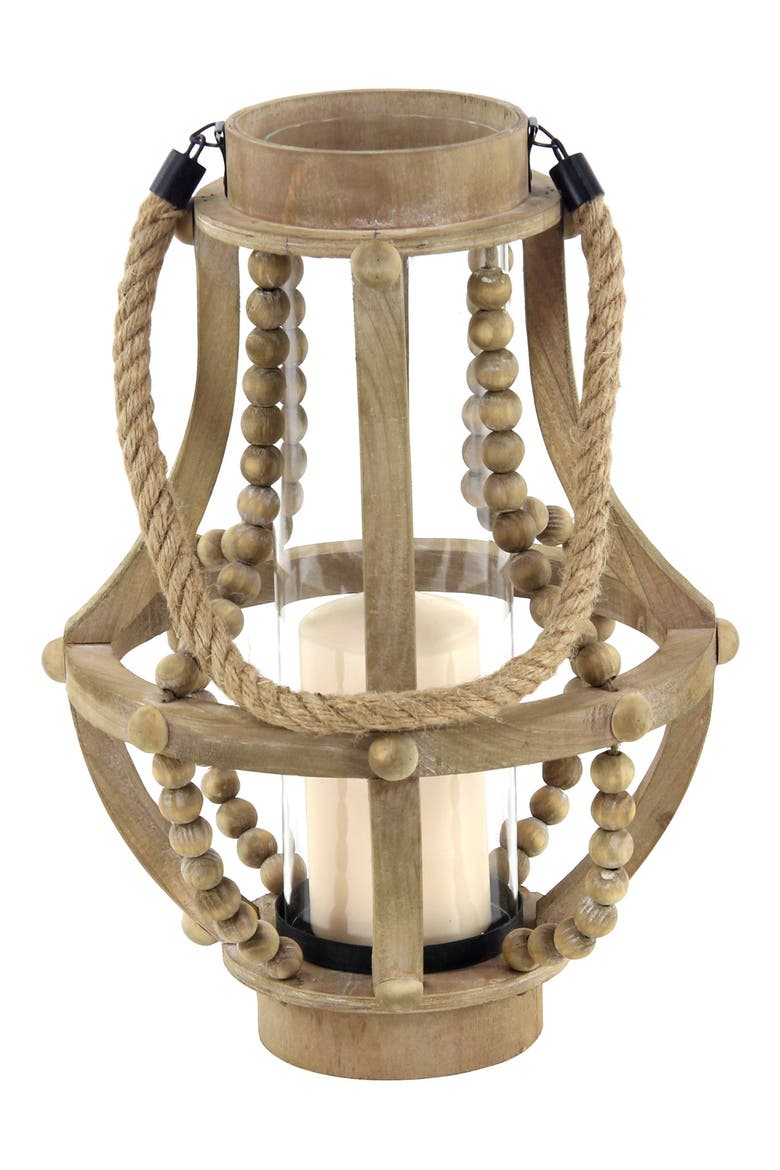 Beige Reclaimed Wood Beaded Pillar Candle Lantern, Main, color, BEIGE