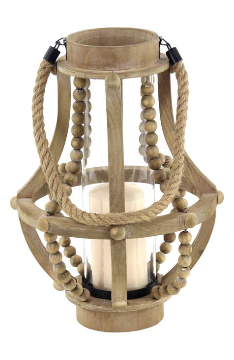 Beige Reclaimed Wood Beaded Pillar Candle Lantern