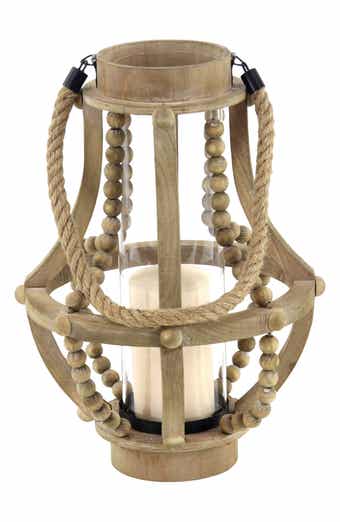 SONOMA SAGE HOME Beige Reclaimed Wood Beaded Pillar Candle Lantern