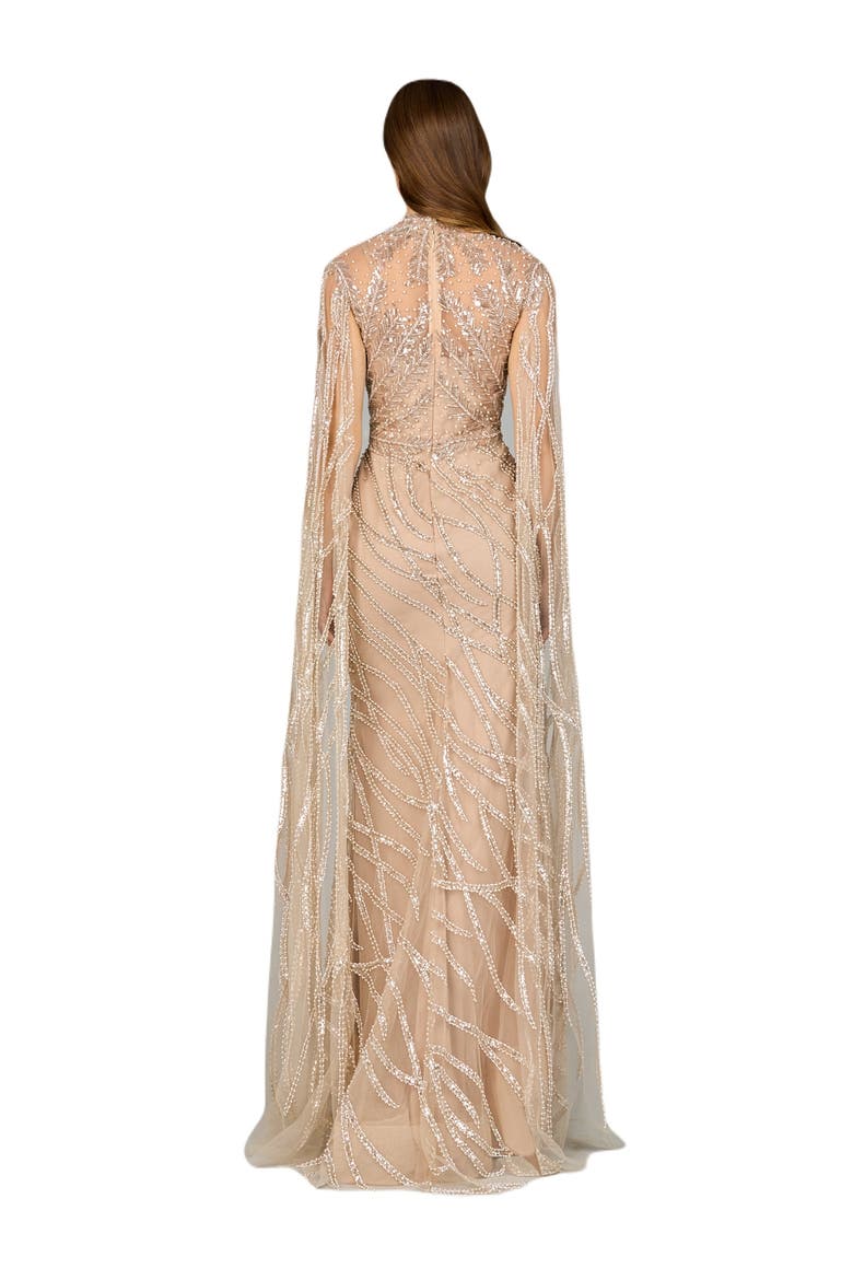 High Neck Gown with Long Cape Sleeves, Alternate, color, Nude
