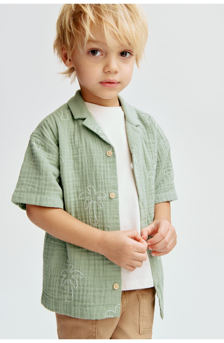 H&M Embroidered Muslin Resort Shirt, Alternate, color, Green/Palm Trees