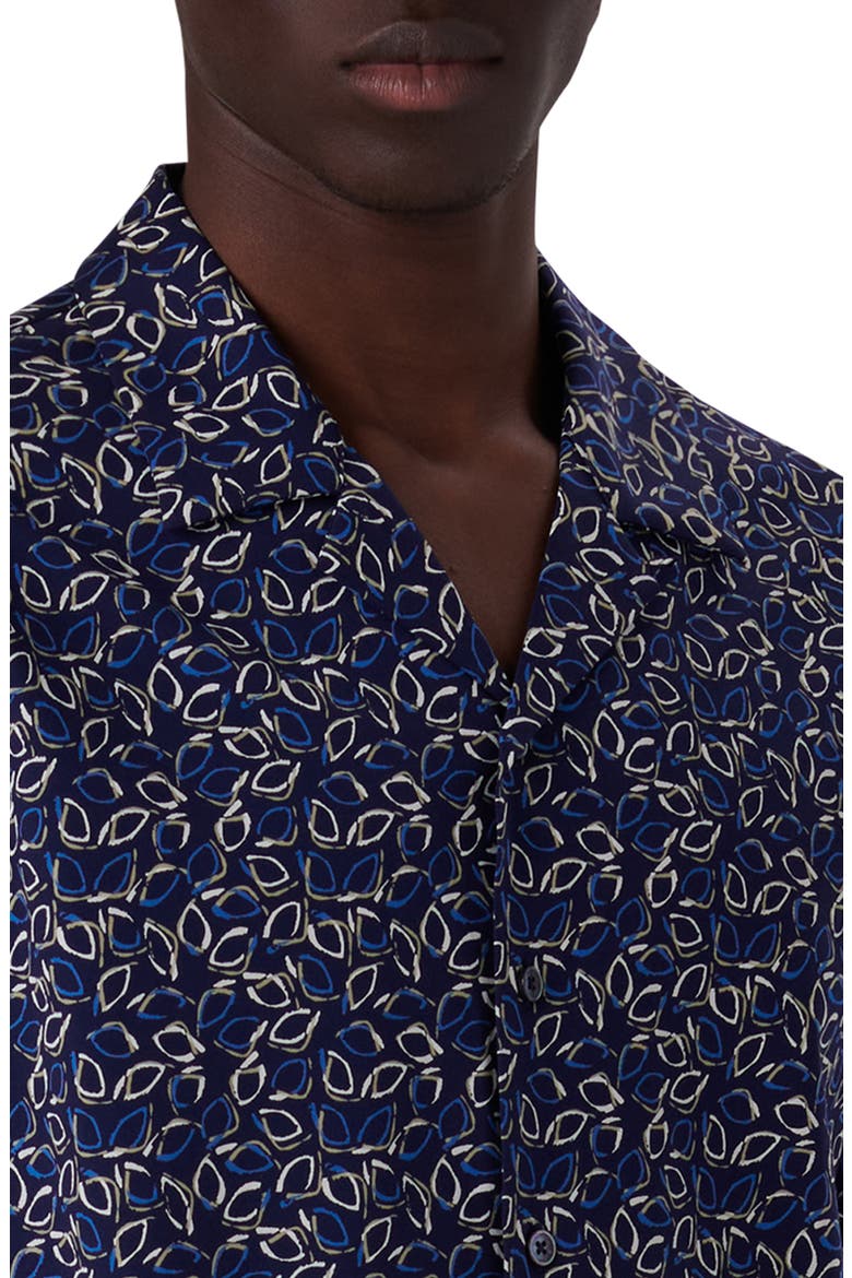 OoohCotton® Tech Leaf Print Knit Short Sleeve Button-Up Camp Shirt, Alternate, color, NAVY