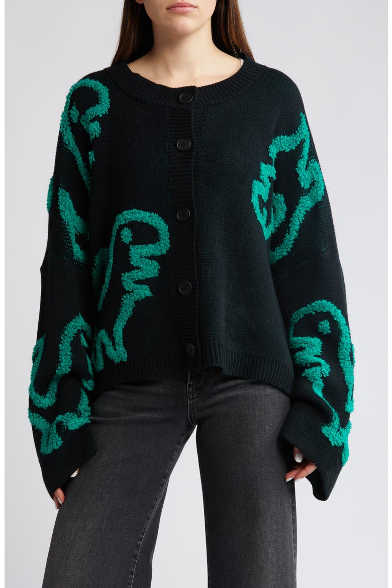 Rawr T-Rex Jacquard Cardigan, Alternate, color, BLACK