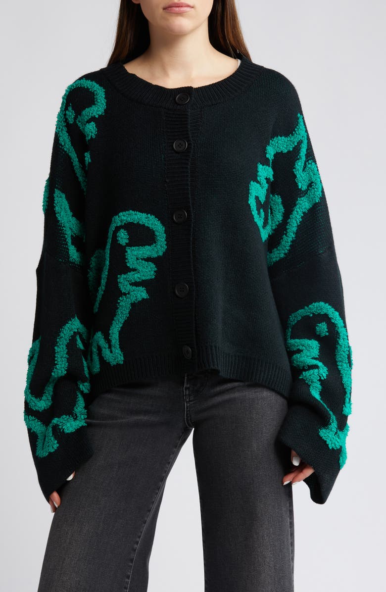 Dressed in Lala Rawr T-Rex Jacquard Cardigan, Alternate, color, Black