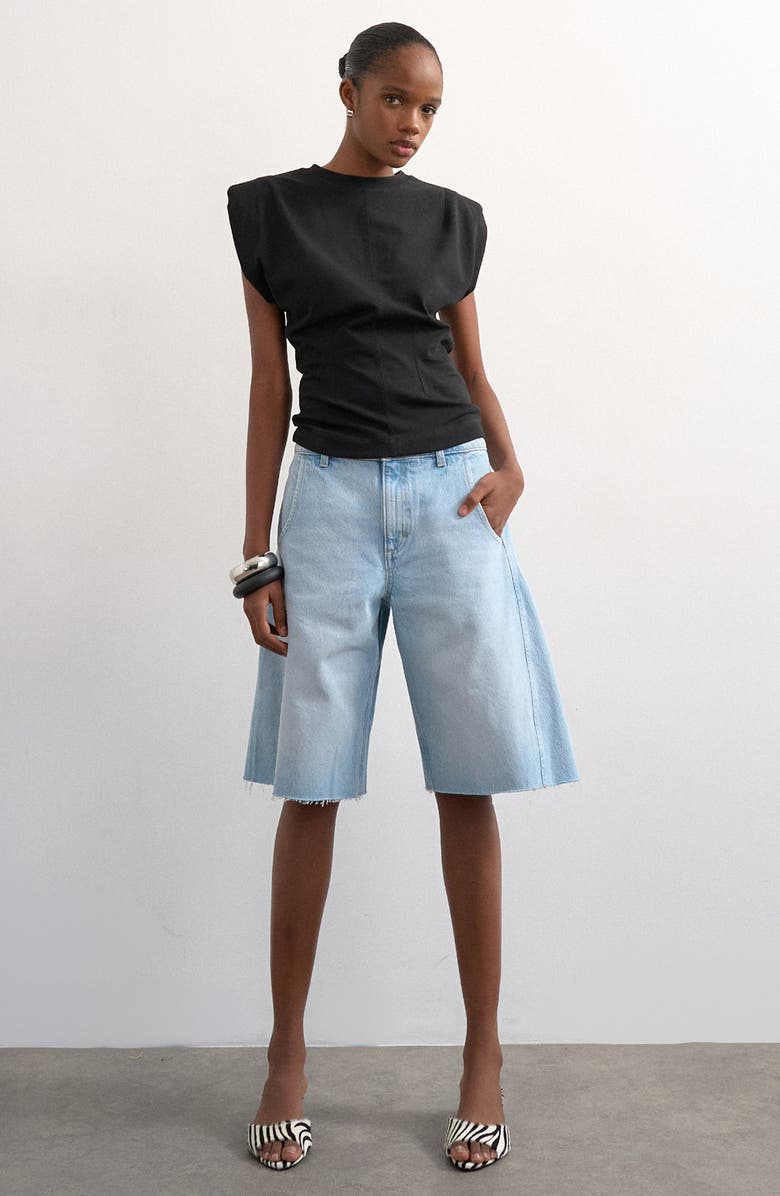 Topshop Raw Hem Knee Length Denim Barrel Shorts, Main, color,