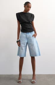 Topshop Raw Hem Knee Length Denim Barrel Shorts