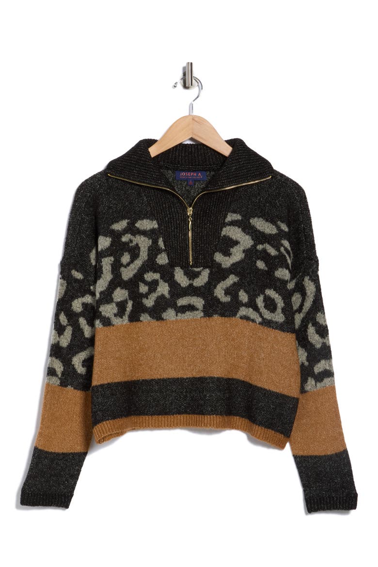 Quarter Zip Sweater, Alternate, color, LEOPARD STRIPE BLACK