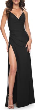 La Femme Simple Jersey Dress with Ruching and Slit