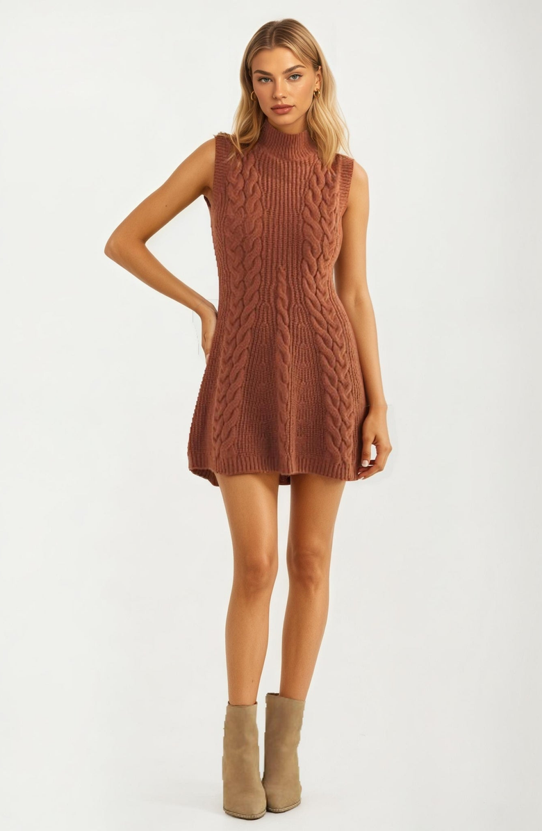 Knit and Lounge Sleeveless Cable Knit Mini Dress with Mock Neck, Alternate, color, 