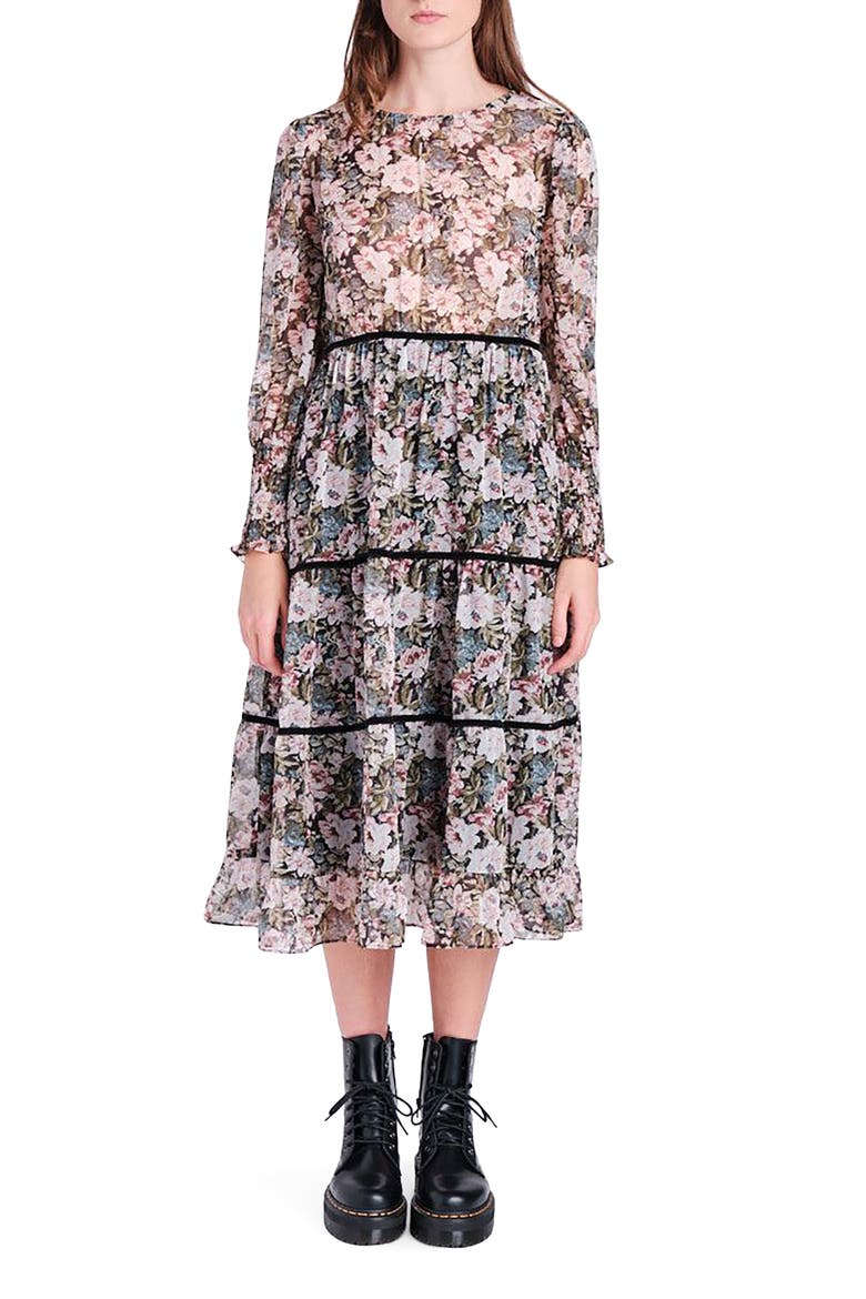 Floral Print Midi Dress, Main, color, BLACK