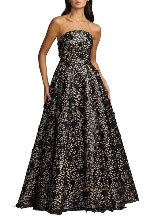 Sequin Floral Lace Strapless Ball Gown