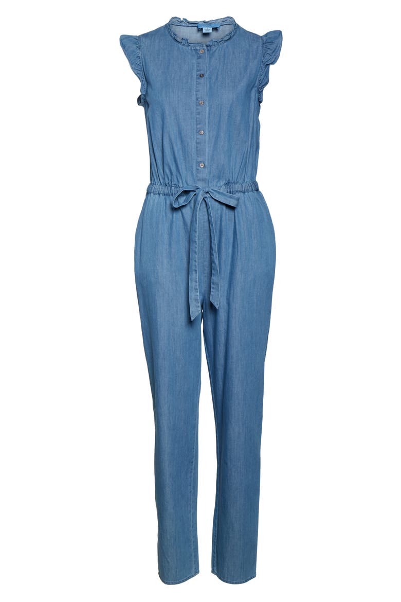 Ruffle Trim Chambray Jumpsuit, Alternate, color, LIGHT AUTHENTIC
