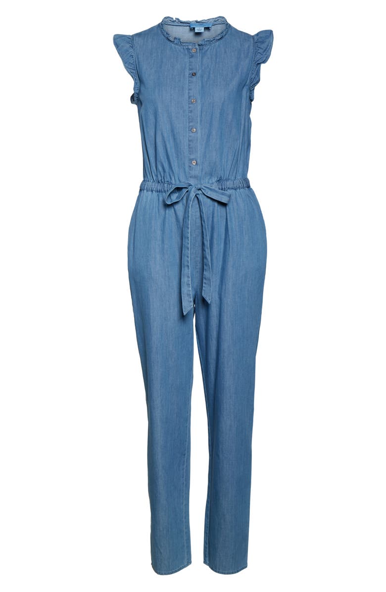CeCe Ruffle Trim Chambray Jumpsuit, Alternate, color,