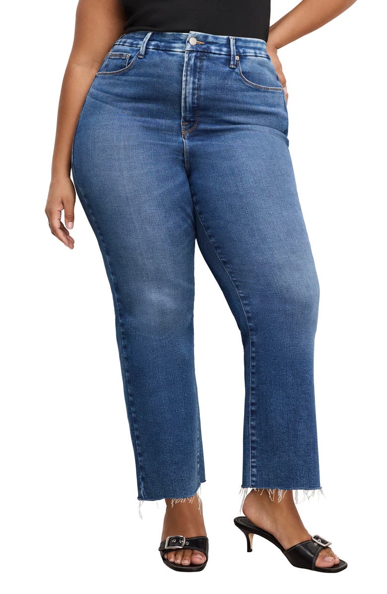 Good American Soft Tech Good Legs Raw Hem Crop Mini Bootcut Jeans, Alternate, color, Indigo818