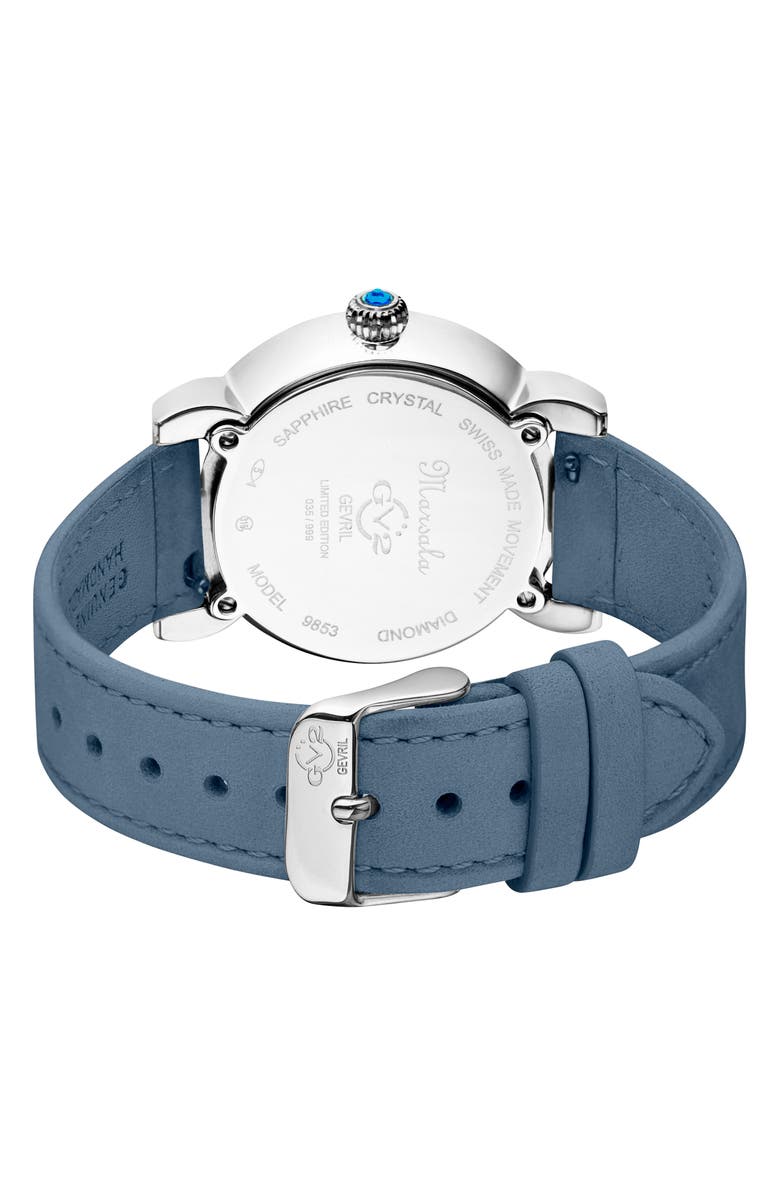 GV2 Marsala Tortoise Pattern Mother-of-Pearl Dial Diamond Suede Strap Watch, 36mm - 0.045 ctw., Alternate, color, Light Blue