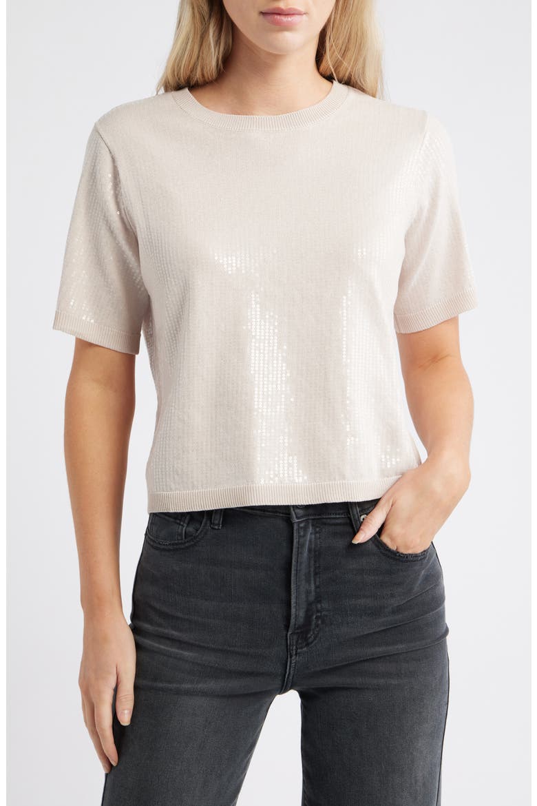 Sparkle Short Sleeve Sequin Sweater, Main, color, MOTHER OF PEARL