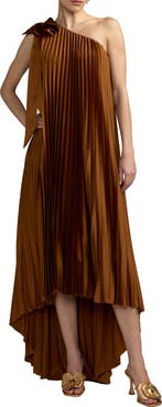 Mac Duggal One-Shoulder Pleated High-Low Gown with Statement Bow
