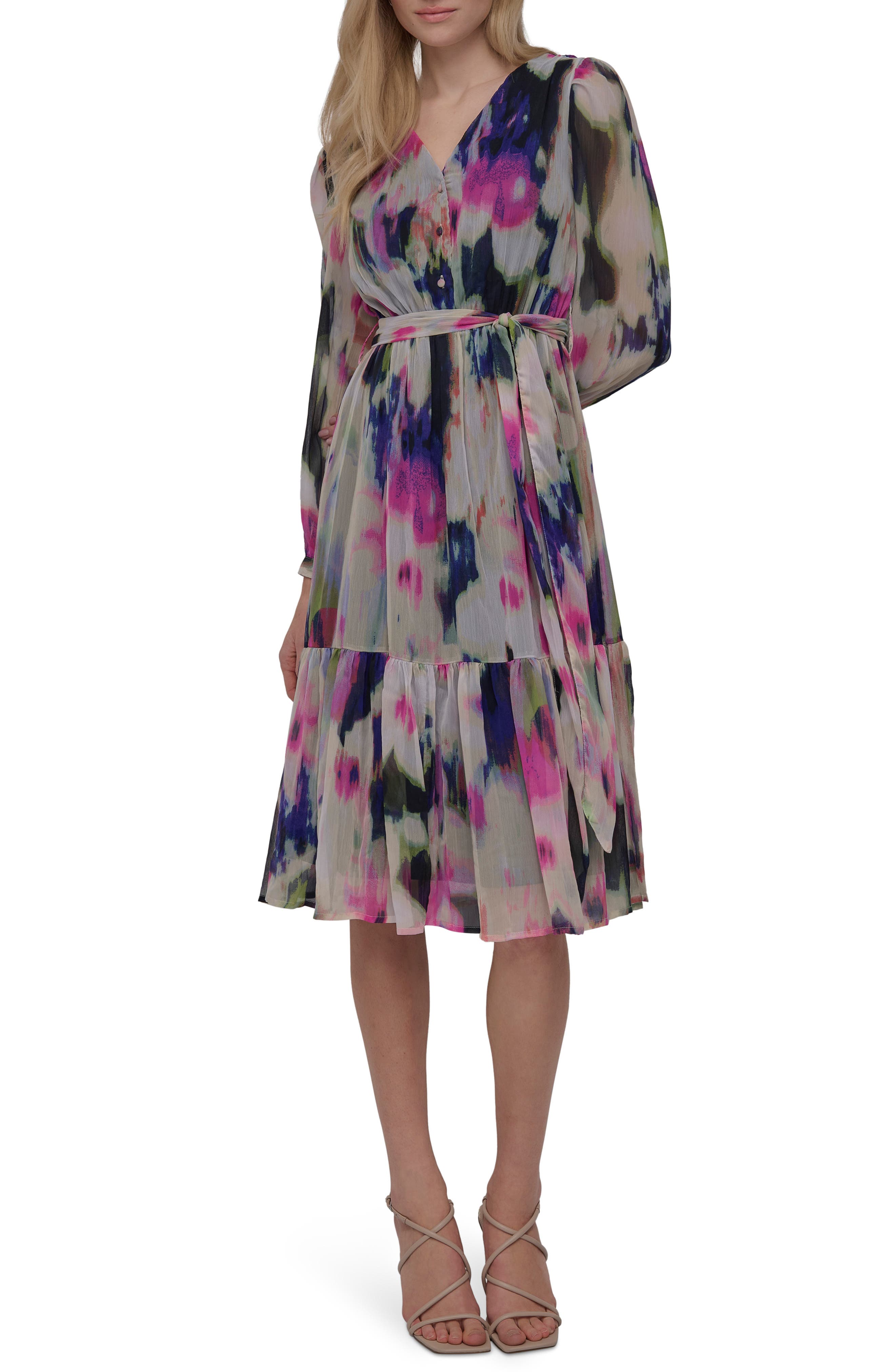 DKNY V-Neck Long Sleeve Fit &amp; Flare Dress