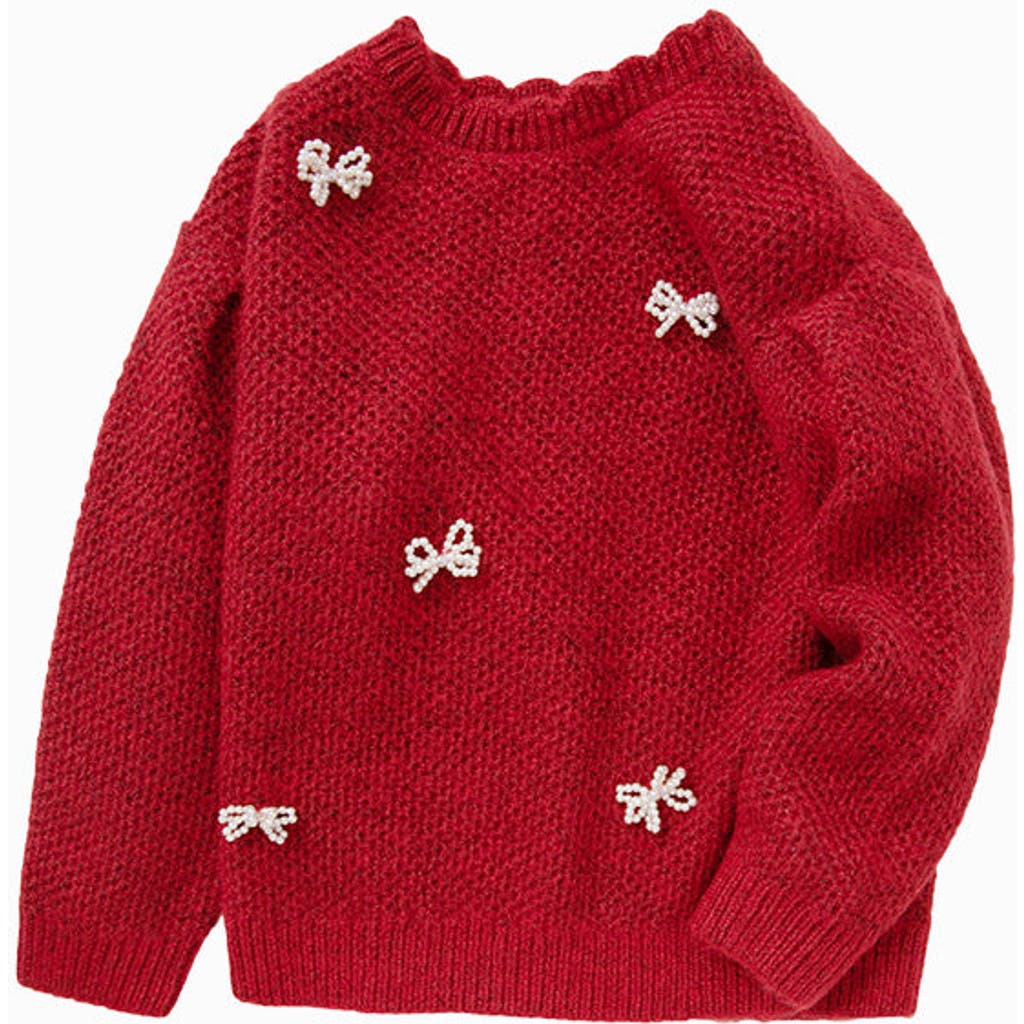 Balabala Cherry Red Knit Sweater With Pearl Bows
