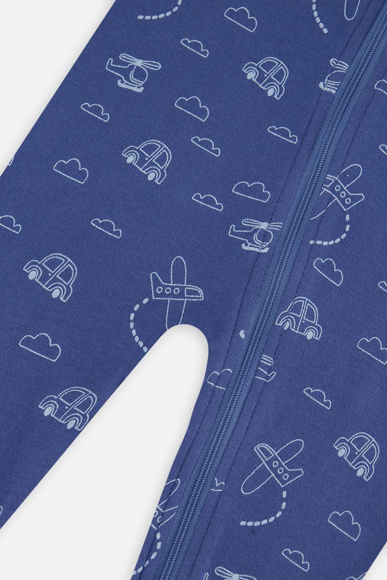 Transport Organic Cotton Front Zipper Footed One Piece Pajama, Alternate, color, Blue Printed Transport