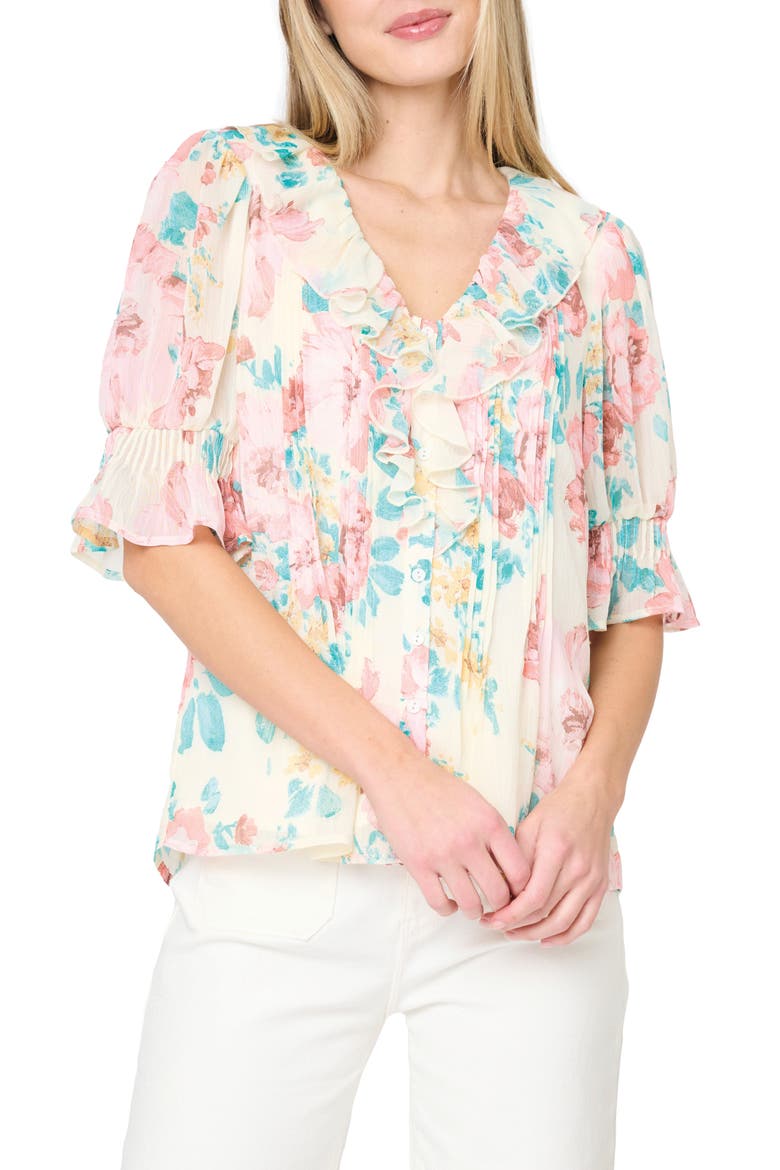 Khloe Ruffles Button-Up Shirt, Main, color, SUNDAY BOUQUET FLORAL