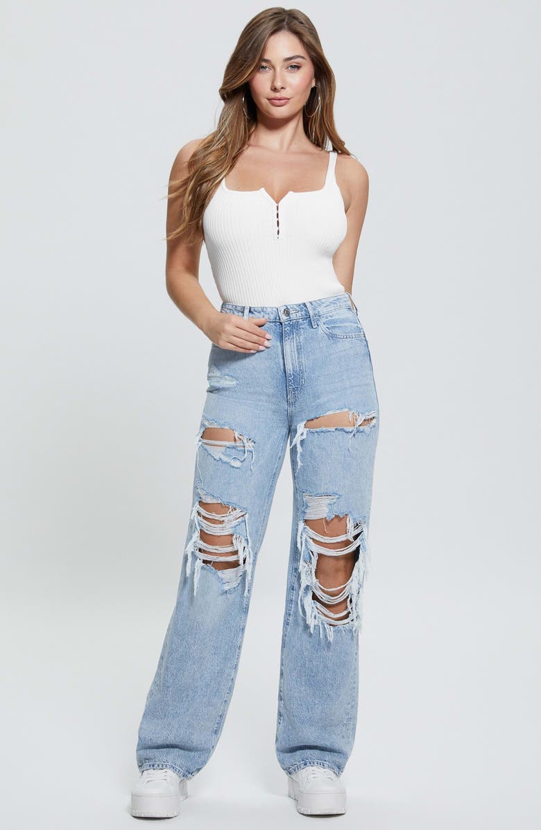 GUESS '90s Distressed High Waist Nonstretch Jeans, Alternate, color,