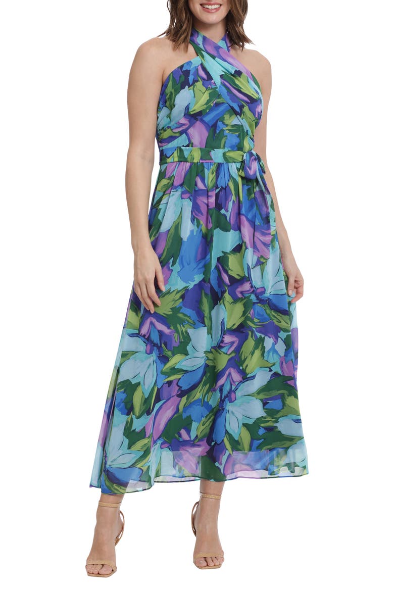 Wrap Halter Floral Print Maxi Dress, Main, color, AQUA/ ROYAL