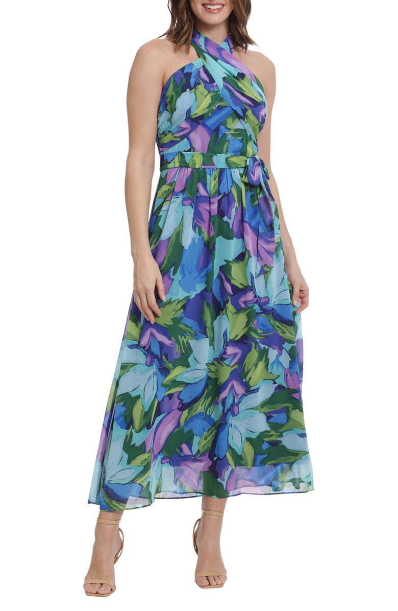London Times Wrap Halter Floral Print Maxi Dress, Main, color, Aqua/ Royal