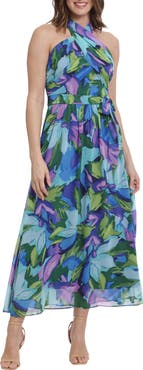 London Times Wrap Halter Floral Print Maxi Dress