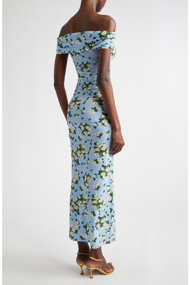 Floral Print Ruched Off the Shoulder Jersey Dress, Alternate, color, CLOUDY BLUE MULTI