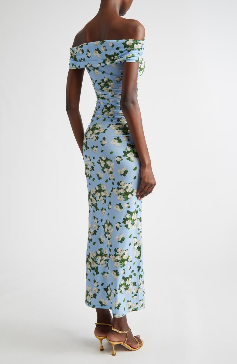 Carolina Herrera Floral Print Ruched Off the Shoulder Jersey Dress, Alternate, color, Cloudy Blue Multi