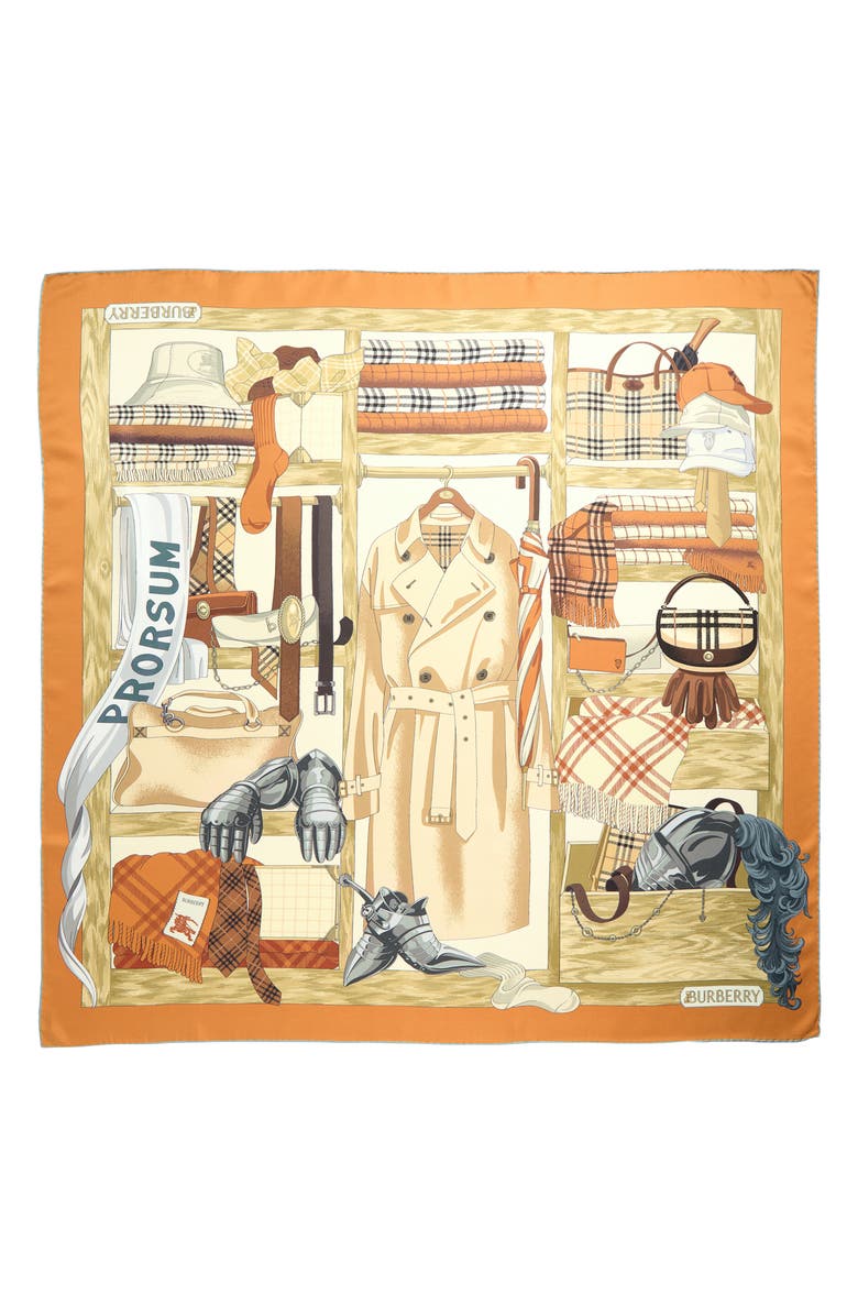Burberry Wardrobe Print Silk Twill Square Scarf, Main, color, Pumpkin Orange