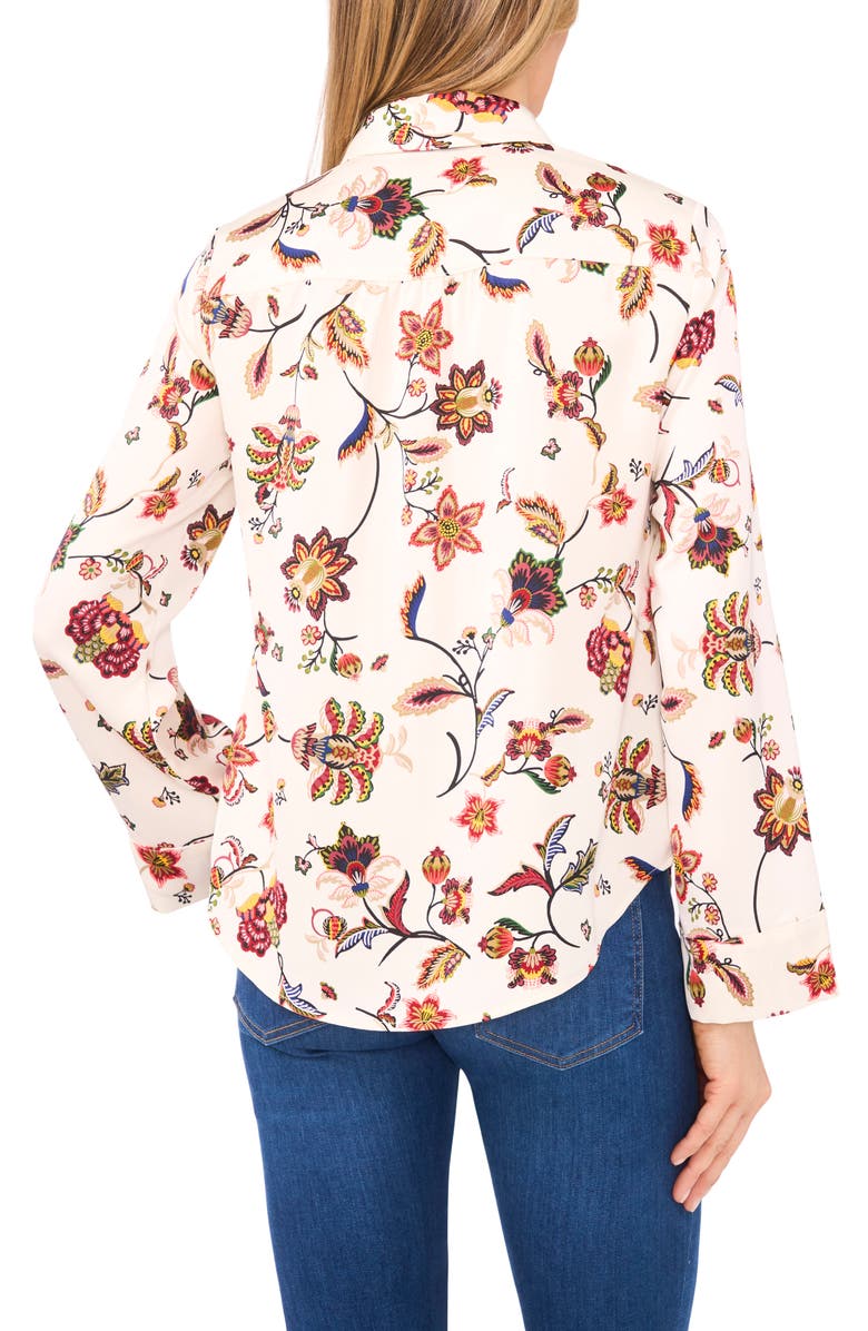 CeCe Floral Border Print Satin Button-Up Shirt, Alternate, color, Buttercream