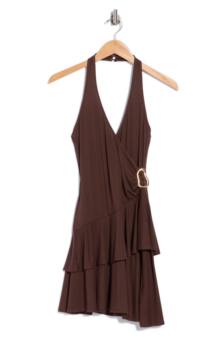 Halter Wrap Tiered Minidress, Main, color, DARK BROWN