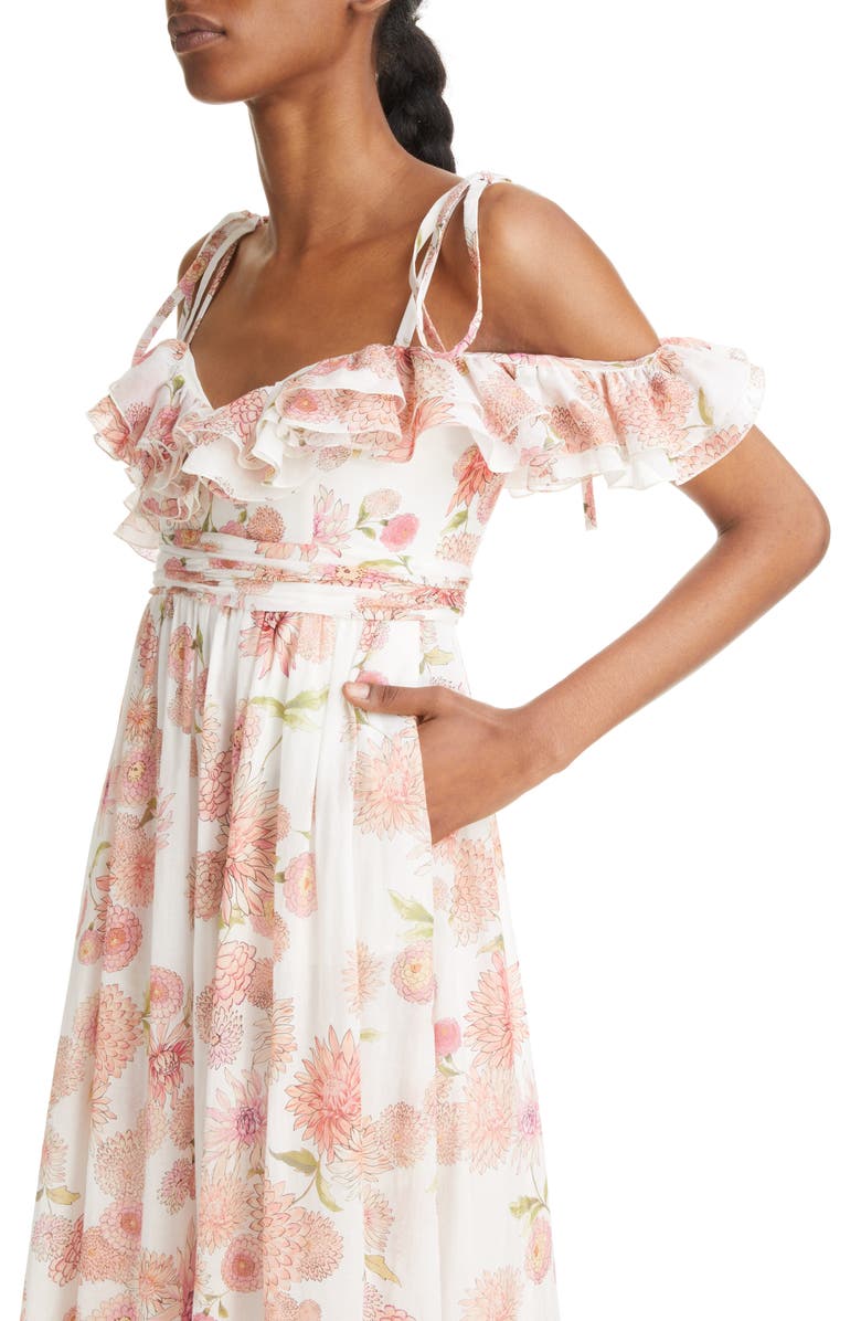 Giambattista Valli Dahlia Print Cold Shoulder Silk Dress, Alternate, color, 