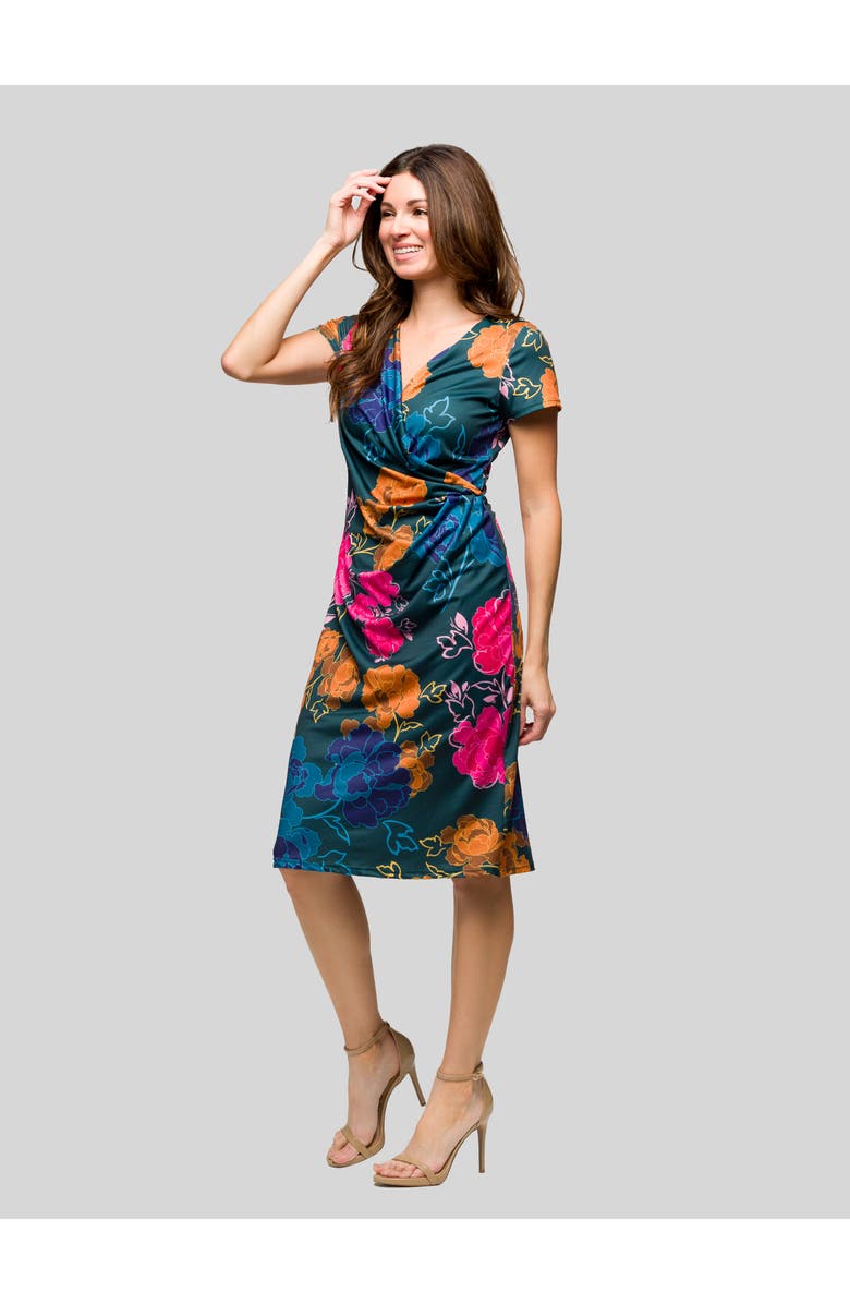 24seven Comfort Apparel Blue Floral Knee Length Short Sleeve Faux Wrap Dress, Alternate, color, Green Multi