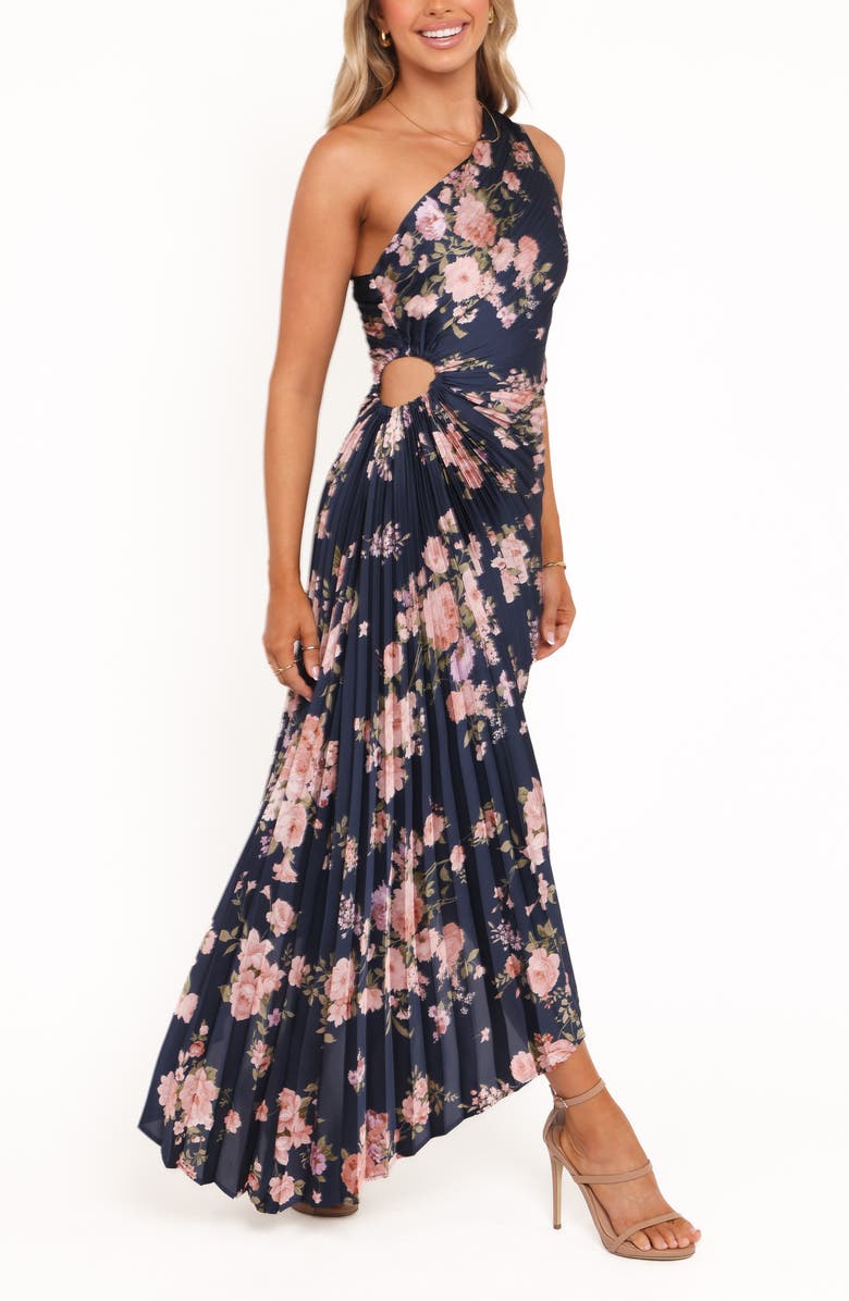 Petal & Pup Kleo Pleated One-Shoulder Maxi Dress, Alternate, color, Navy Floral