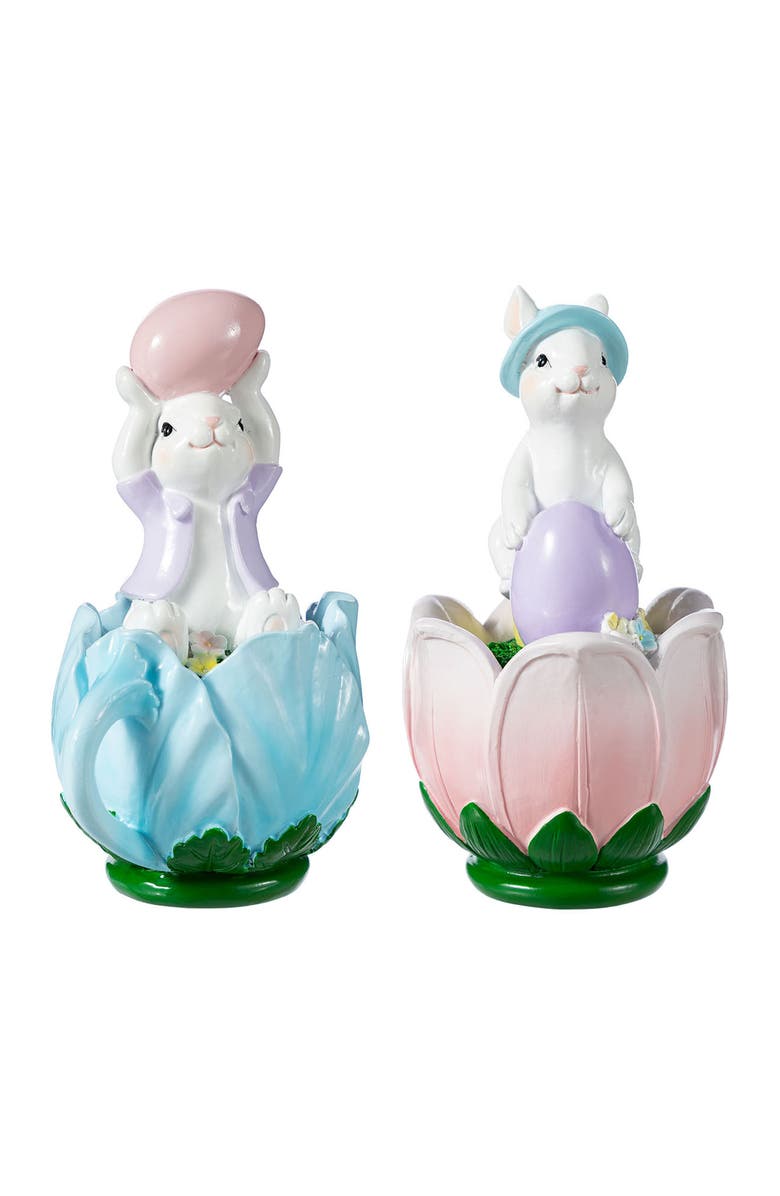 Glitzhome Set of 2 Easter Resin Bunny on Tulip Mug Table Decor, Alternate, color, White