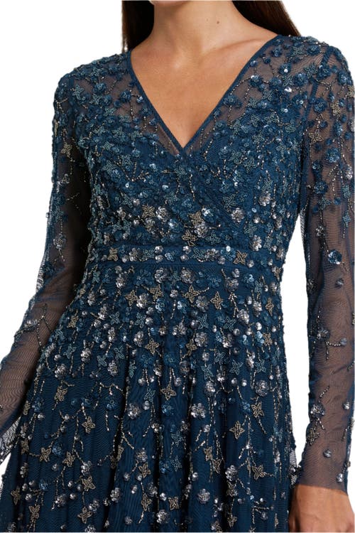 Mac Duggal Embellished Wrap Over Illusion Long Sleeve A Line Gown
